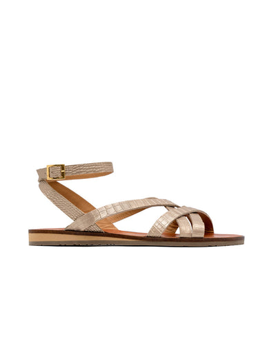 Sandalia plana de tiras con ajuste al tobillo  en cuero,  en  color Dorado – Josh - Color Dorado