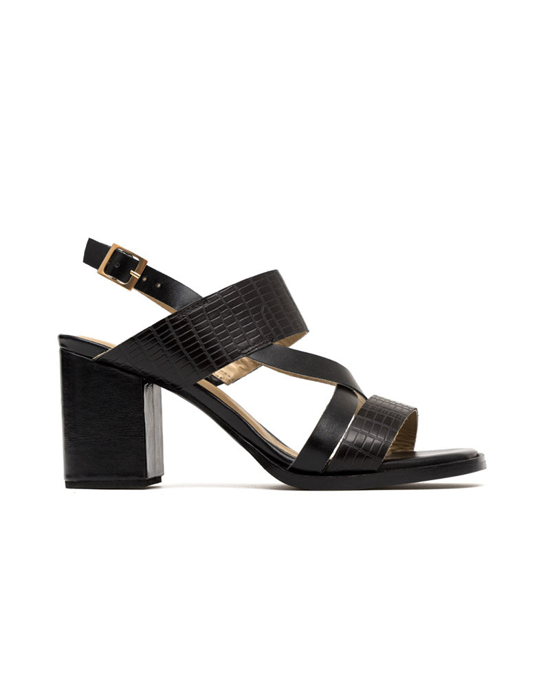 Sandalia de tacón grueso en cuero grabado para mujer color negro