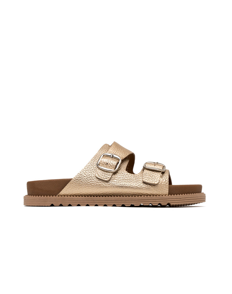 Sandalia Plana en Cuero con Doble Hebilla Ajustable para Mujer Color Peltre Marca JOSH Ref. HAWAIANA01