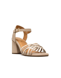 Sandalia con tejido artesanal y tacón forrado en cuero para mujer color pardo