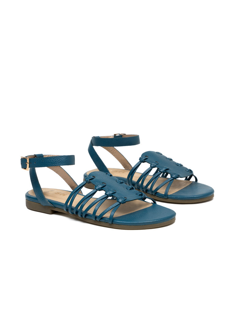 Sandalia plana bohemia con tejido artesanal para mujer color verde