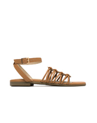 Sandalia plana bohemia con tejido artesanal para mujer color miel
