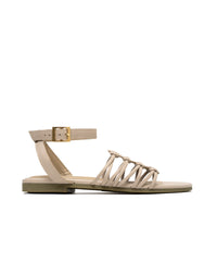 Sandalia plana bohemia con tejido artesanal para mujer color taupe