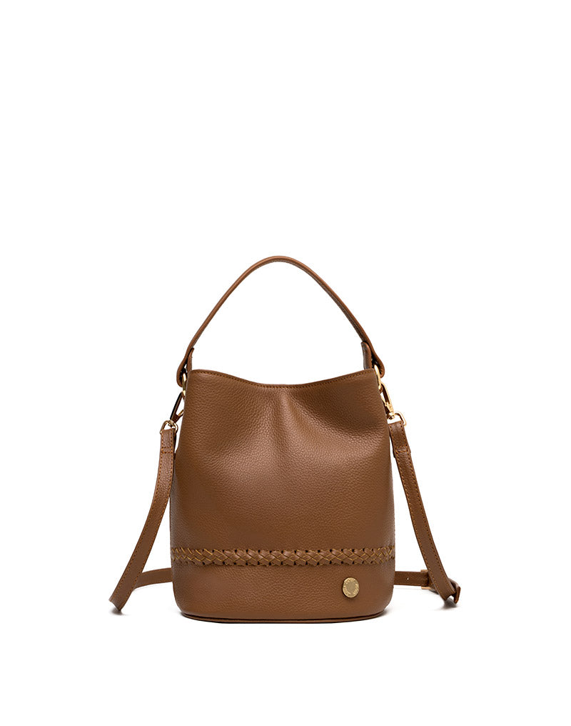 Bolso manos libres con tejido en cuero para dama color miel