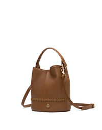 Bolso manos libres con tejido en cuero para dama color miel