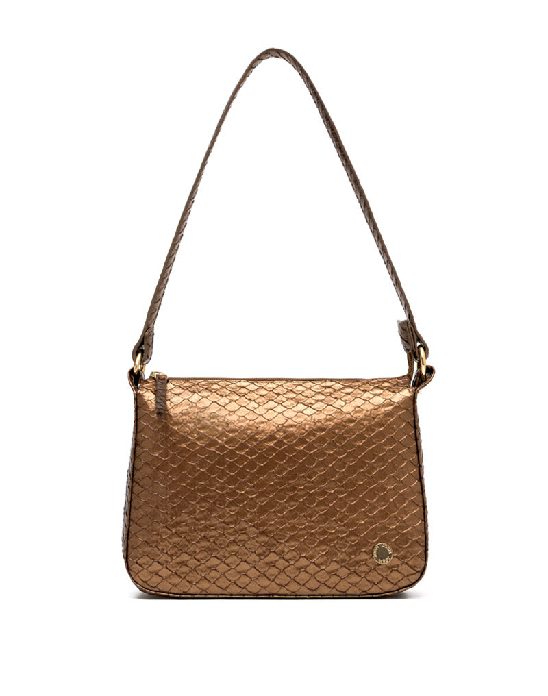 Bolso manos libres en cuero para dama color bronce