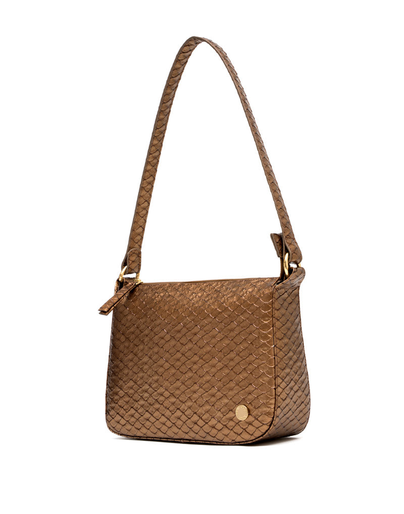 Bolso manos libres en cuero para dama color bronce
