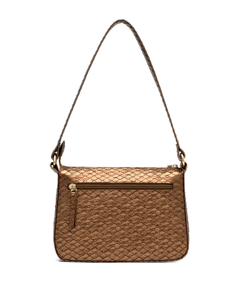 Bolso manos libres en cuero para dama color bronce