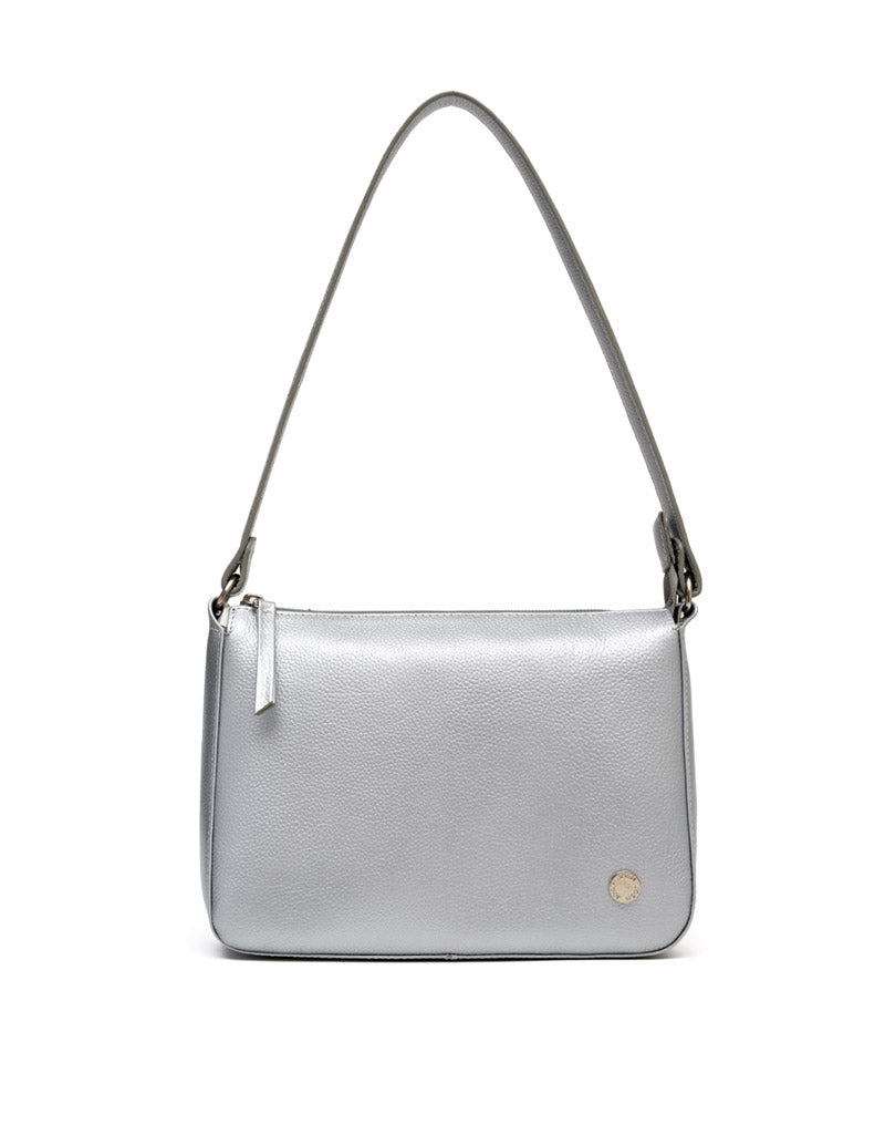 Bolso manos libres en cuero para dama color plateado