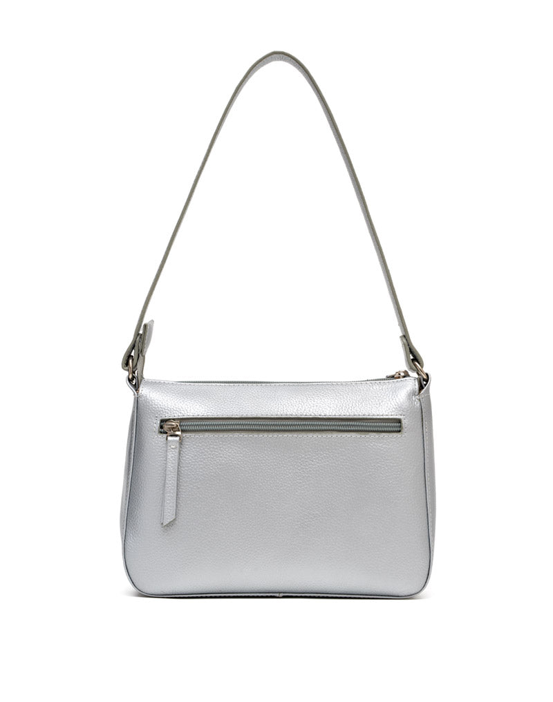 Bolso manos libres en cuero para dama color plateado
