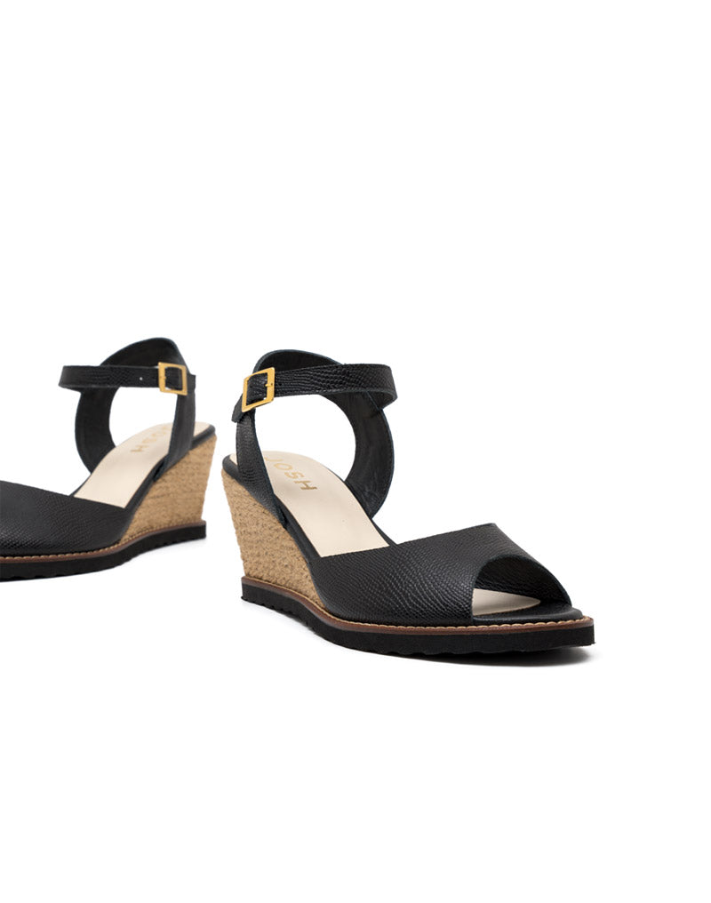 Sandalia cuña bohemia tipo espadrila en cuero  en negro – Josh - Color Negro