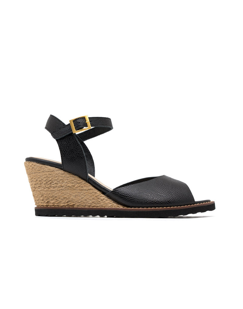 Sandalia cuña bohemia tipo espadrila en cuero  en negro – Josh - Color Negro