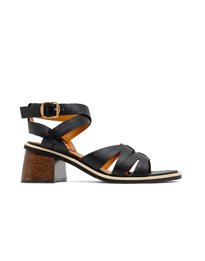 Sandalia tacón de cuero  en Negro – Josh - Color Dorado